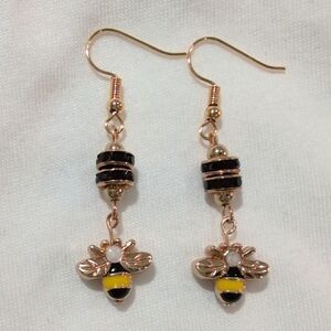 Bumble Bee Enamel & Rhinestone Drop Earrings 18k Gokd Plated Posts Handmade NWT